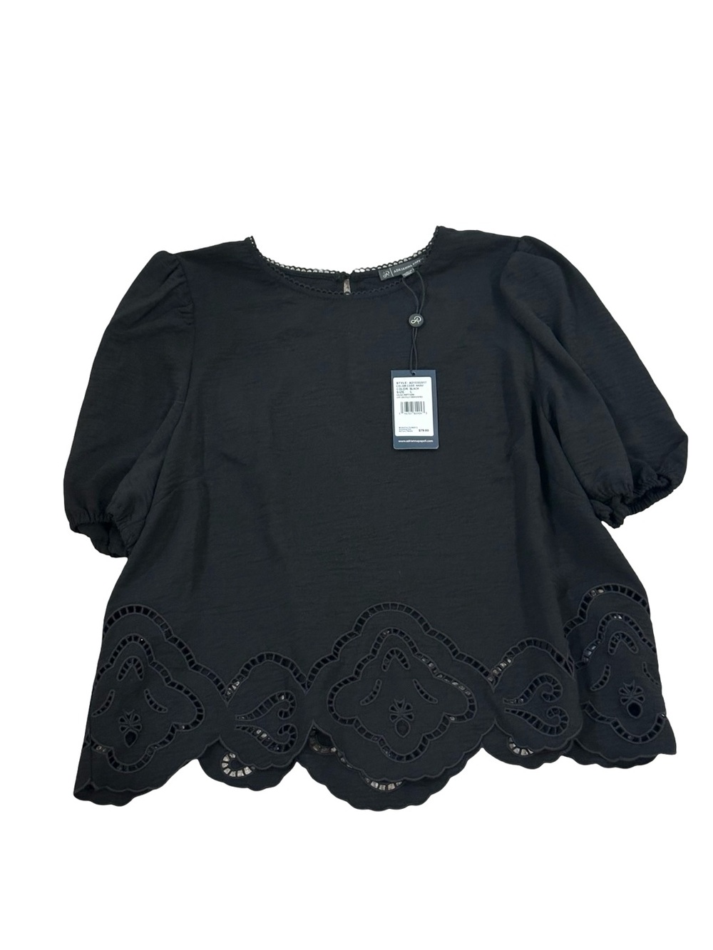 NWT Adrianna Papell Black Women's Large Eyelet Hem Puff Sleeve Top